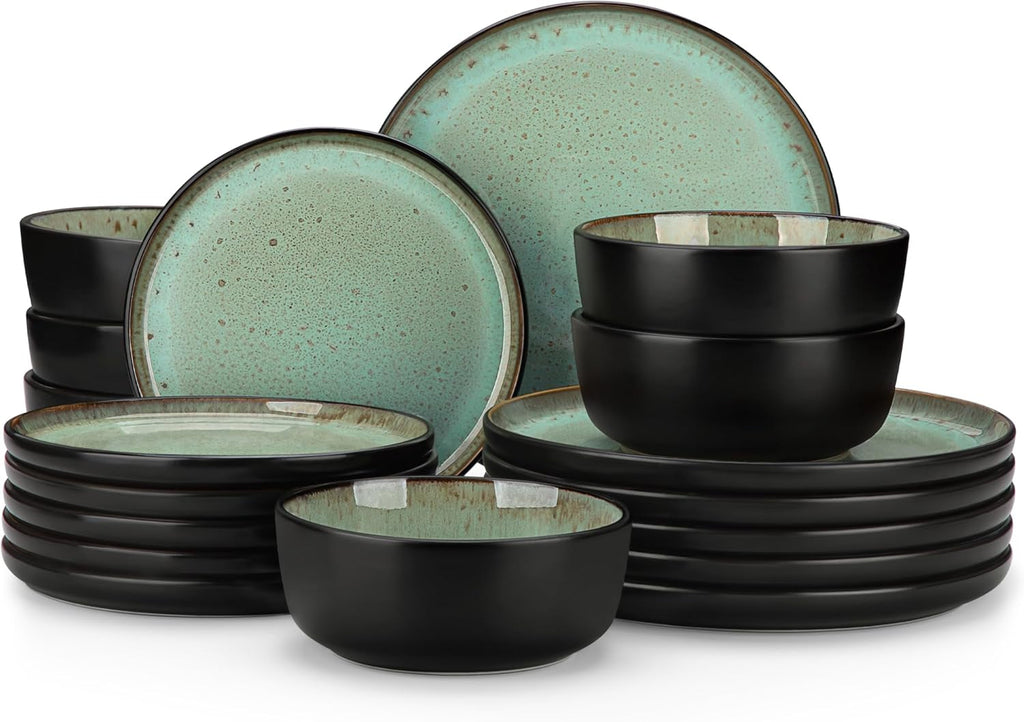 Amber 18 Pieces Dinner Set for 6, Reactive Glaze Stoneware Plates and Bowls Set, Green Crockery Set with Dinner Plates, Dessert Plates & Cereal Bowls, Microwave & Dishwasher Safe