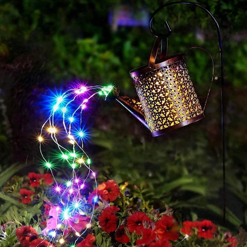 Solar Power LED String Light Watering Can Hollow Outdoor Garden Lamp Decor Xmas
