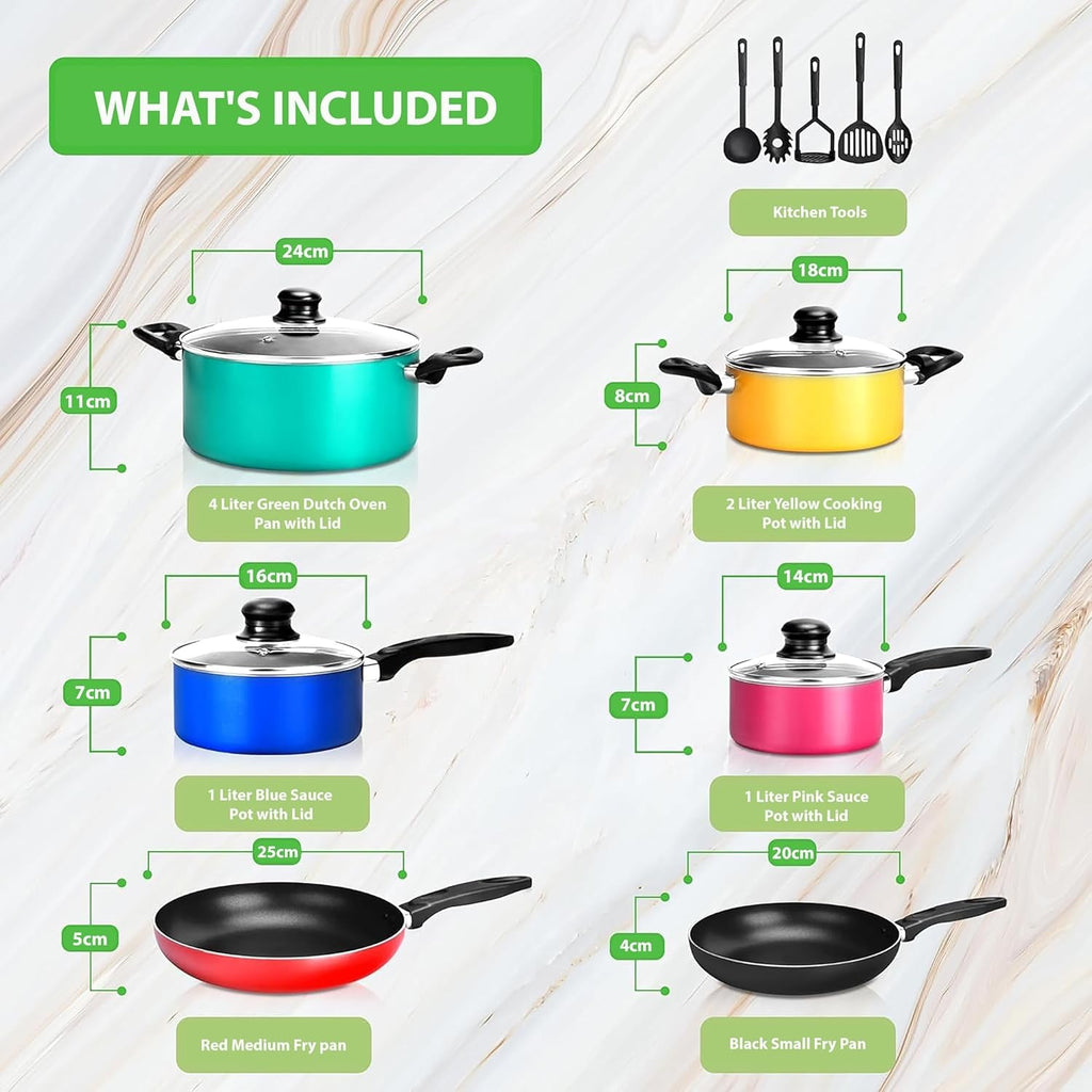 , 15 Piece Pots and Pans Set - Non-Stick Cookware Set, Induction Hob Cookware Set, Premium Cooking Set W/ Lids, Heat Resistant, Saucepot, Frying Pans, Oven Pot, Lids, Colorful