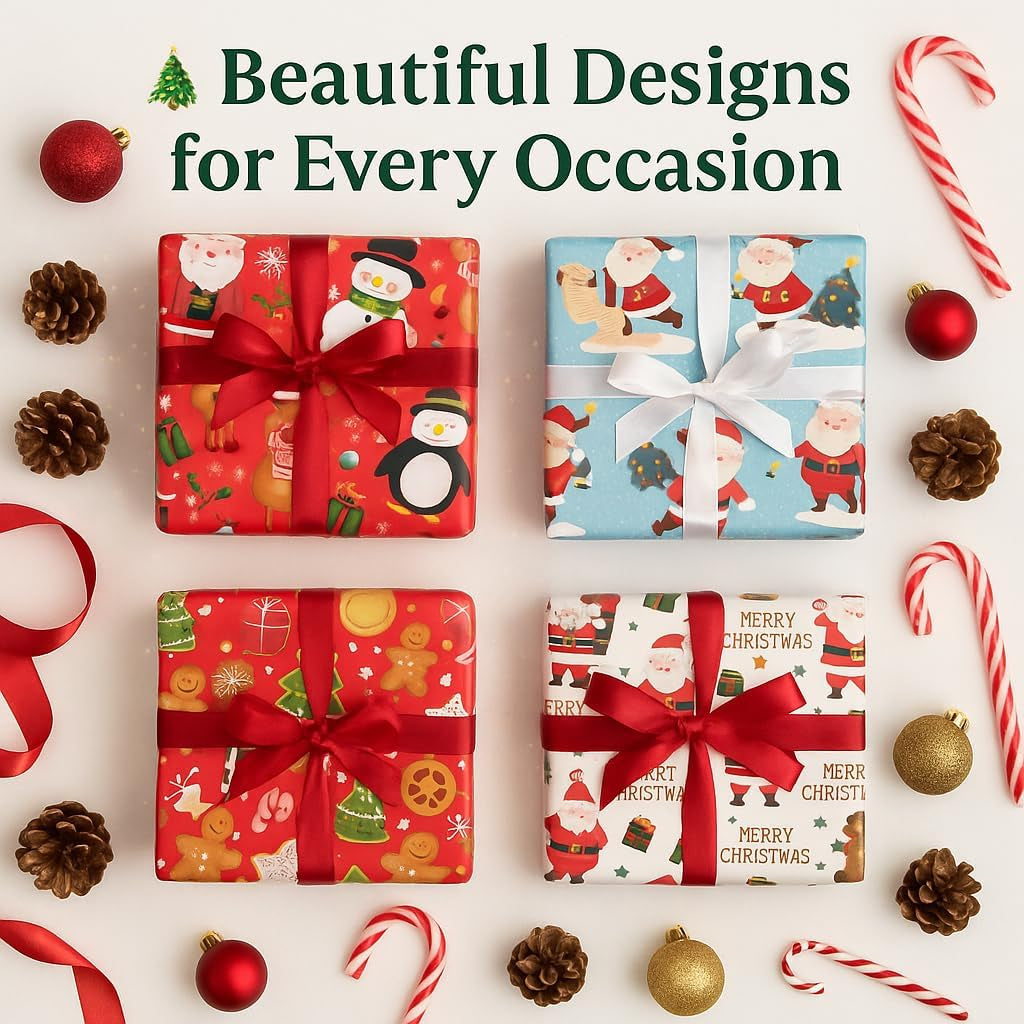 Christmas Wrapping Paper, 4 X 7M Rolls, Cute Xmas Characters, for Gifts & Festive Decoration