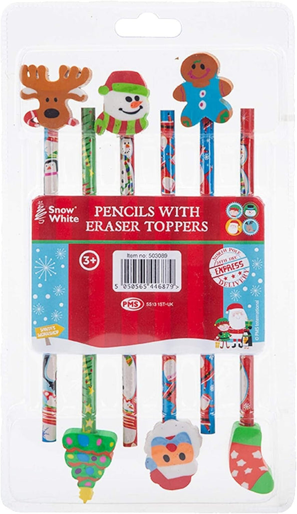 6 X Christmas Pencil with Eraser Tops Xmas Teacher Gift Kids Party Bag Filler