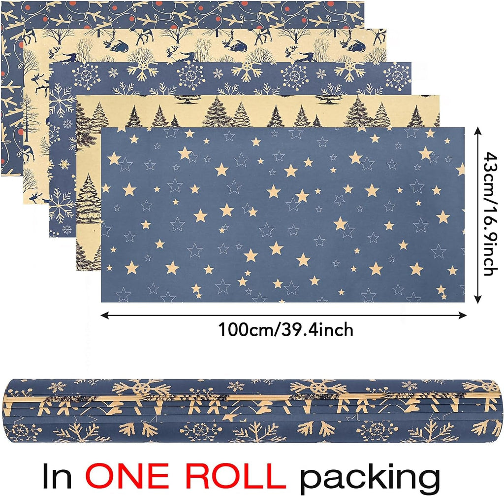 5Pack Christmas Wrapping Paper in a Roll,43 * 100Cm Recyclable Wrapping Paper with 5 Different Patterns for Xmas