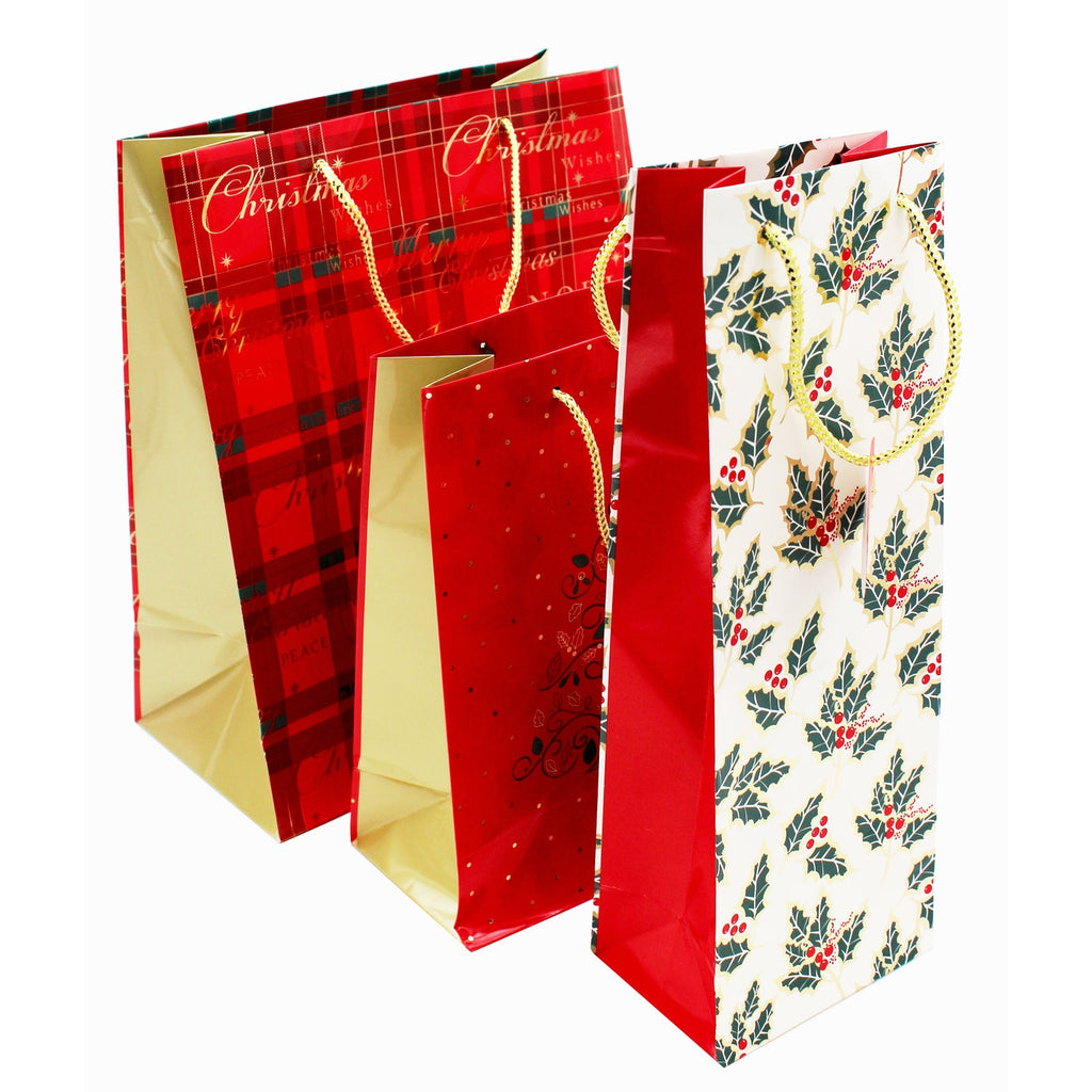 Set 3 Christmas Gift Bags with Tags - Medium, Small & Bottle Bag