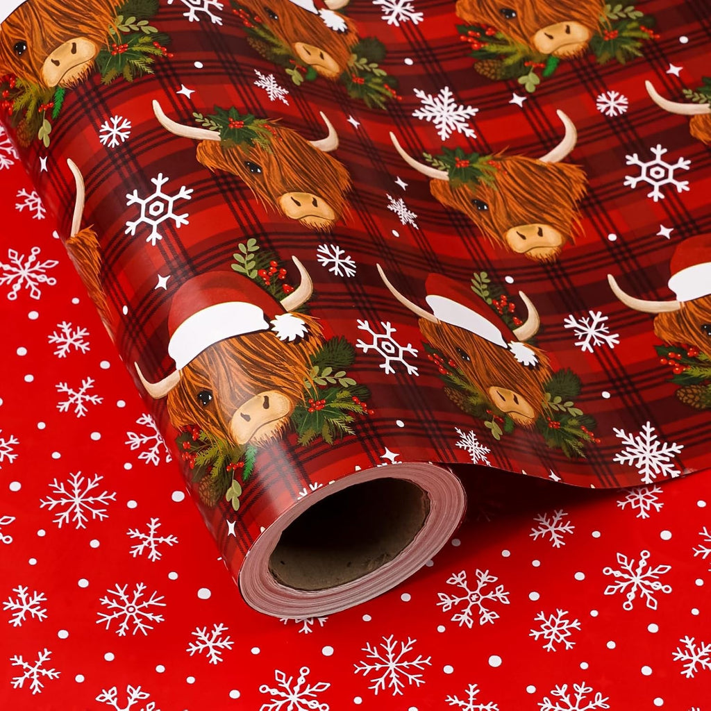Reversible Cow Christmas Wrapping Paper - Mini Roll - 43.2Cm X 10M - Highland Cow and Snowflake Wrapping Paper for Xmas, Party Celebration