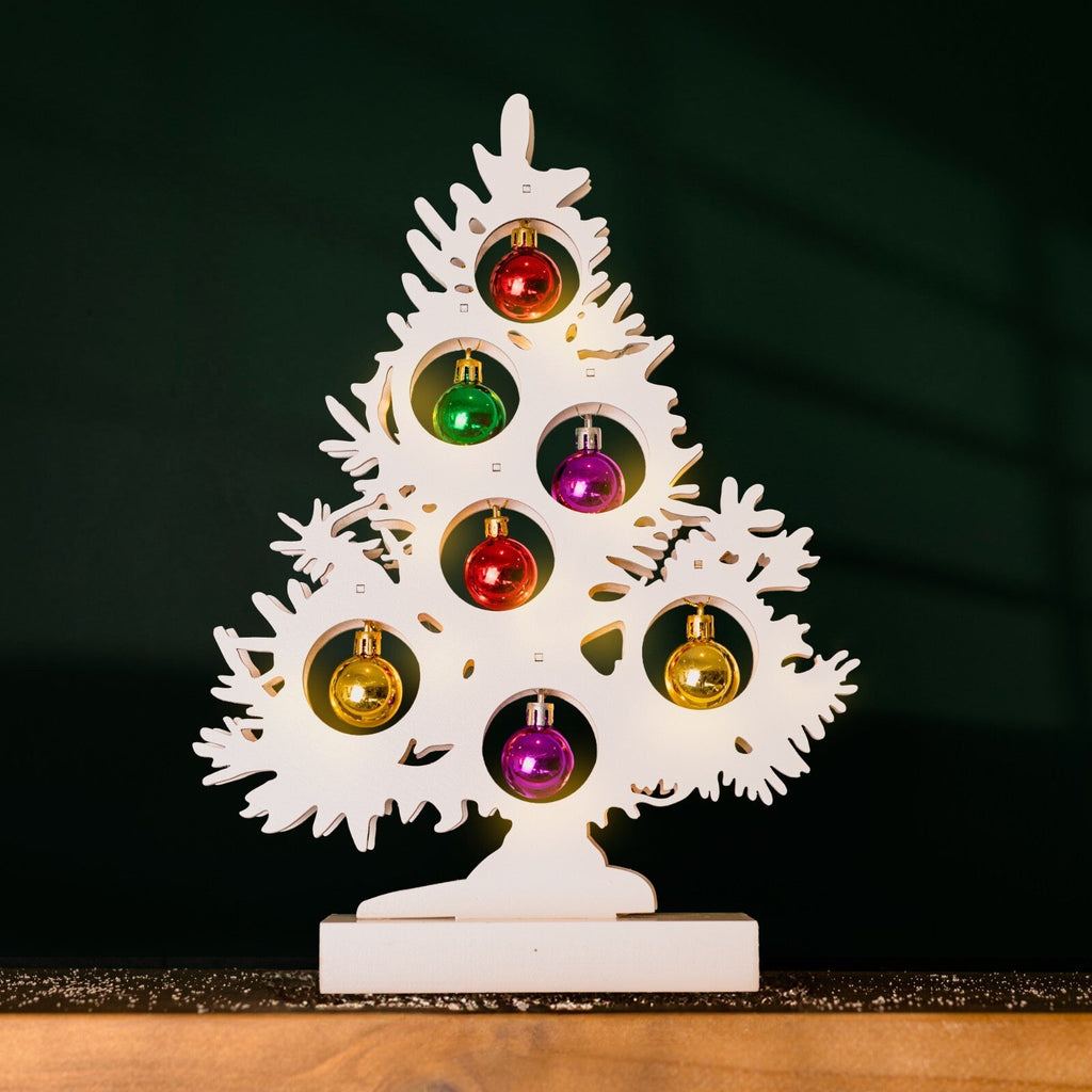Christmas Tree Wooden Decoration with Baubles Light up Ornament White Small Xmas