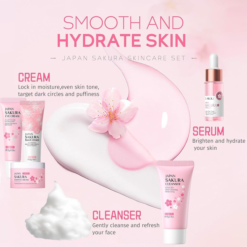 Sakura Skin Care Sets & Kits, Girls Pamper Set, Face Care Sets for Women, 20PCS Teenage Girls Gifts - Cleanser, Serum, Eye Cream, Face Cream, Hand Cream, Sleeping Mask, Mud Mask - Japanese Skincare
