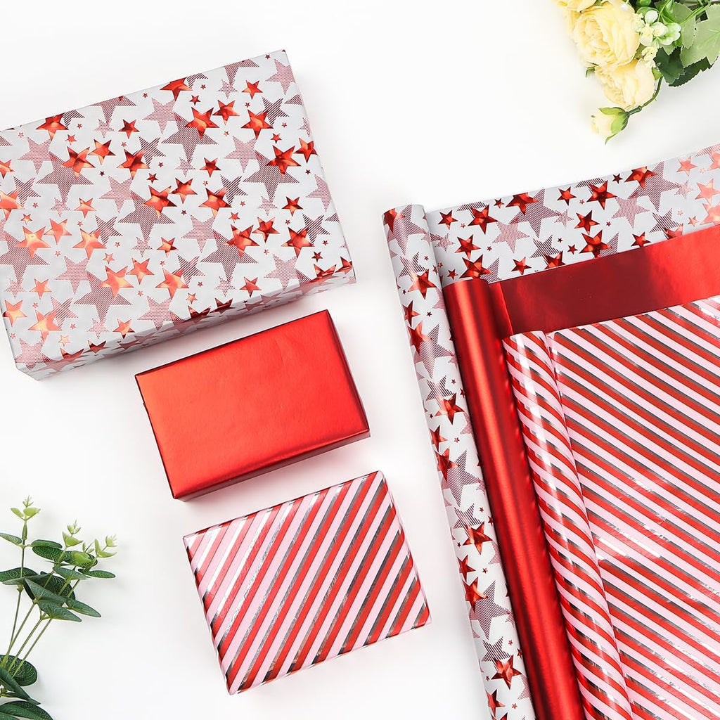 Red Metallic Wrapping Paper Rolls, 3 Rolls 43Cm X 3M, Red Gift Wrap Paper Roll with Star Stripe Pattern for Christmas, Birthday, Wedding