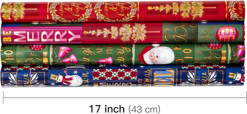 Christmas Wrapping Paper - Santa Claus, Snowman, Christmas Tree and Bell Design - 4 Rolls - 43.5X305 Cm per Roll