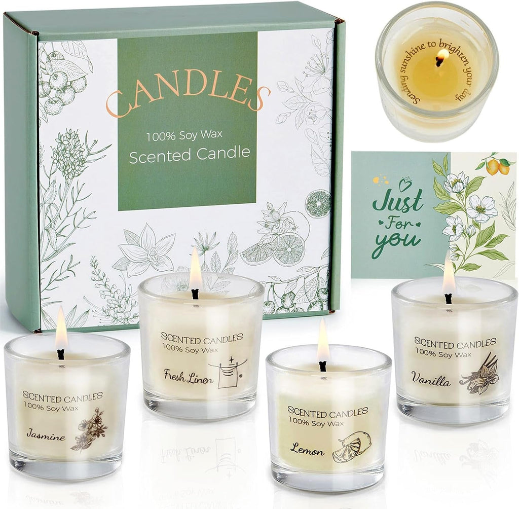Scented Candles Gifts for Women, Votive Candles Set of Fresh Linen, Vanilla, Jasmine, and Lemon, Soy Wax Candle Gift Set for Birthdays, Weddings, Christmas