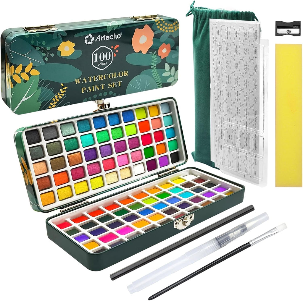 Watercolour Paint Set 100 Colors in Portable Box Including, Travel Watercolor Set with Watercolor Papers, Brushes and Other Tools, Idea for Artists and Hobbyists