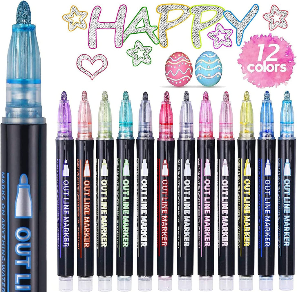 Stocking Fillers, Gifts for Teenage Girls, 12 Glitter Pens Outline Marker Pens, Stocking Fillers Kids, Arts and Crafts for Kids, Art Supplies Colouring Pens, Gifts for 4-12 Year Old Girls