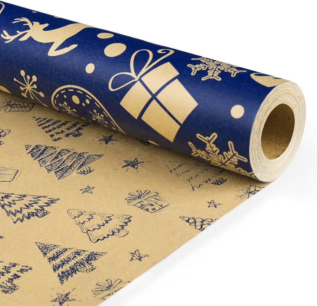 Christmas Wrapping Paper Roll for Xmas Gift Wrap, 43Cm*10M Luxury Blue Double-Sides Kraft Present Paper for Secret Santa Claus Ornament Party New Year Festive Holiday, One Roll_Two Packing Pattern