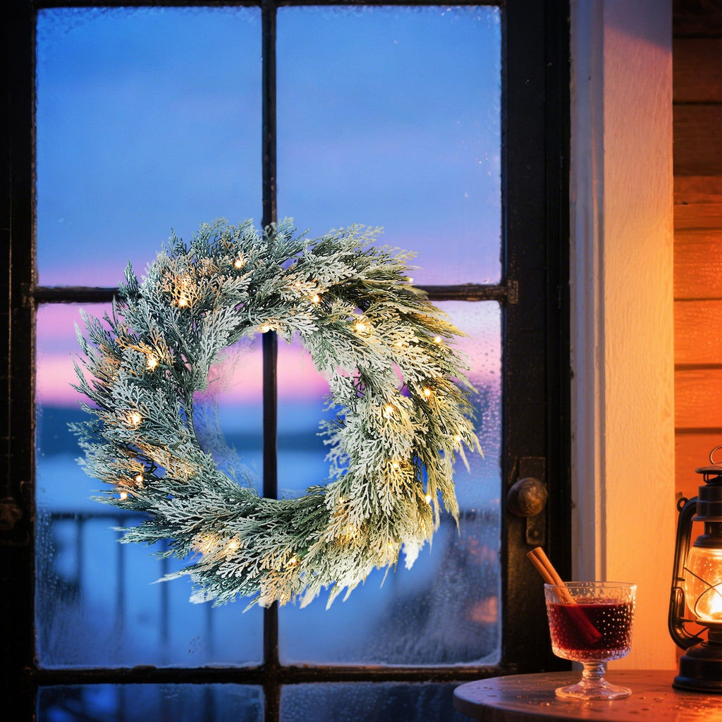 HOMCOM 60 Cm Prelit Christmas Wreath, Flocked Front Door Wreath with Timer