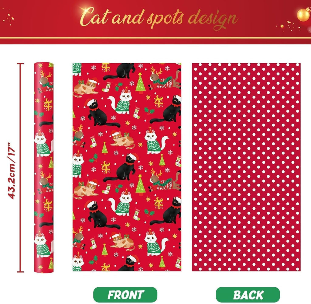Christmas Cat Wrapping Paper - 1 Roll, 17” X 33 Ft, Red, Reversible Kitty Wrap Paper for Kids & Adults, Xmas Gift & Holiday Favor