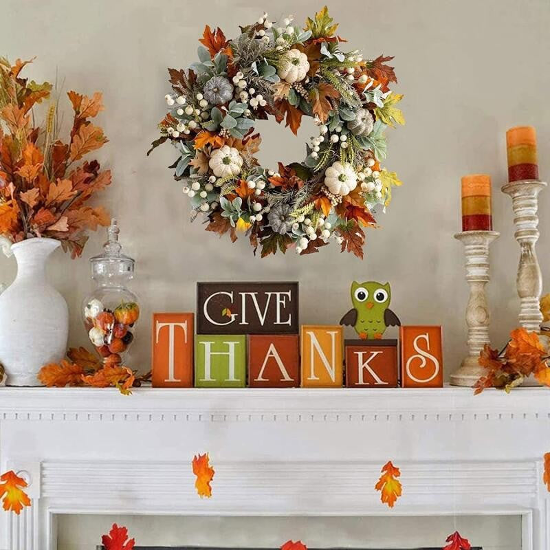 45CM Fall Wreath for Front Door Maple Leaf Pumpkin Wreath Thanksgiving Autumn