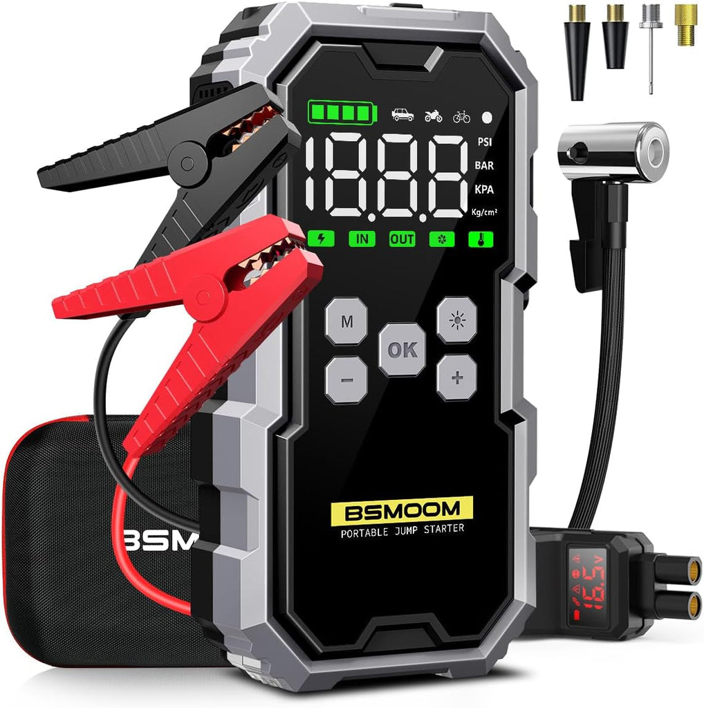 6000A Jump Starter Power Pack with Air Compressor 150Psi,12-Volt Power Bank(All Gas/10L Diesel),Car Starter Power Pack with Jump Leads, 3 Light, LCD Display