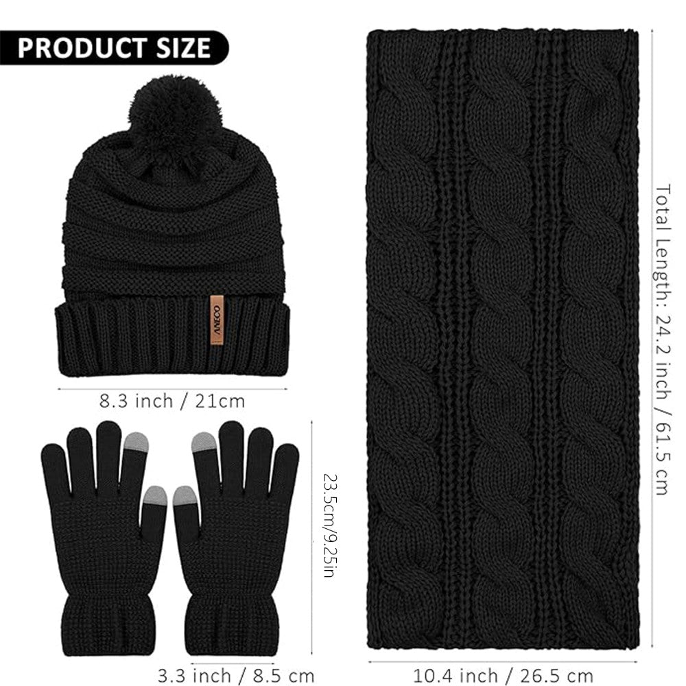 Womens Menthick Knit Hat Scarf Set and Knitted Touchscreen Warm Gloves Winter
