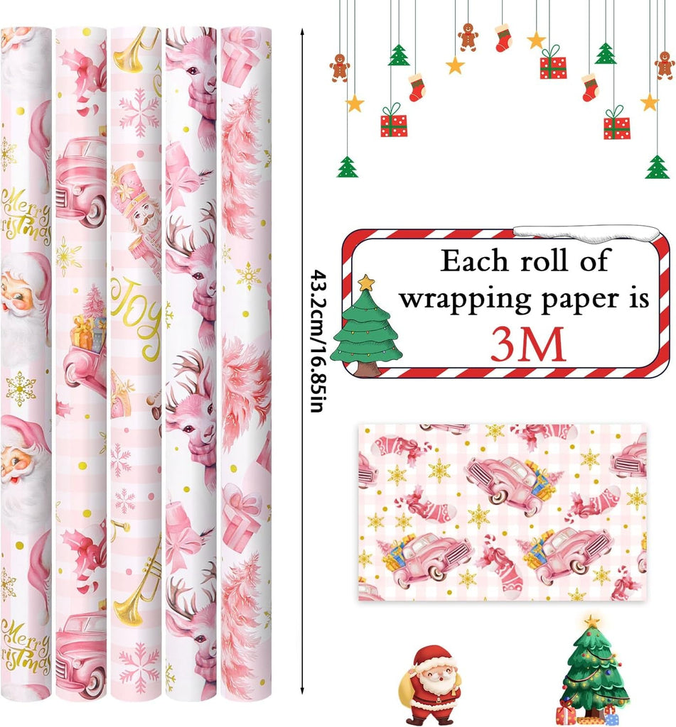 Pink Christmas Wrapping Paper - 5 X 3M Pink Xmas Wrapping Paper Rolls for Gift Boxes Festival Decoration, 43.2CM Wide, 15M