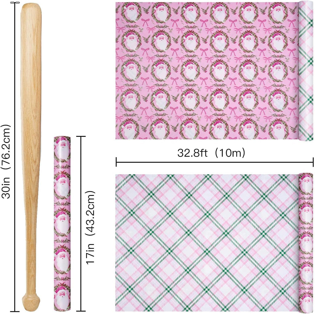 Christmas Reversible Wrapping Paper Roll for Girls, Mini Roll, Pink Santa Claus, Floral Wreath, Bow Design, Green Pink Plaid Gift Wrap Paper Perfect for Gifts, 43.2Cm X 10M