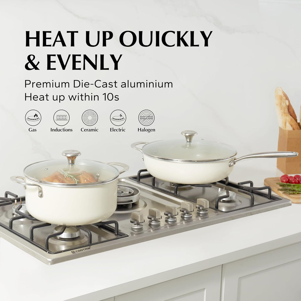 Ceramic Nonstick Cookware Set,14Pcs Pots and Pans Set Non Stick,Induction Hob Pan Set with Stainless Steel Handle,Non Toxic Kitchen Cooking Set,Dishwasher/Oven Safe,Pfas PFOA & PTFE Free
