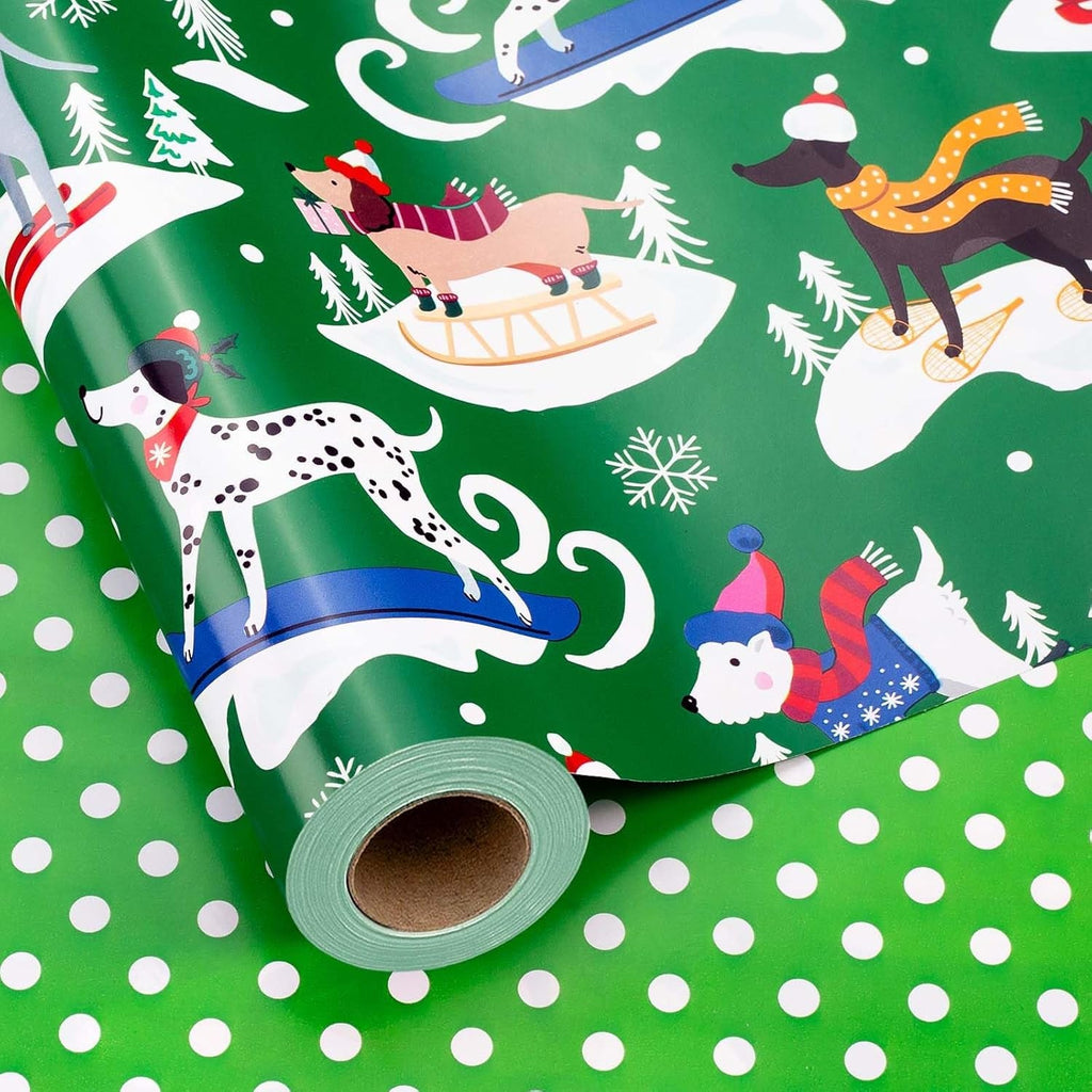 Reversible Christmas Wrapping Paper Roll - 43Cm X 10M Cute Green Presents Packing Paper - Funny Dog/Christmas Tree/Snowflakes/Polka Dots Design