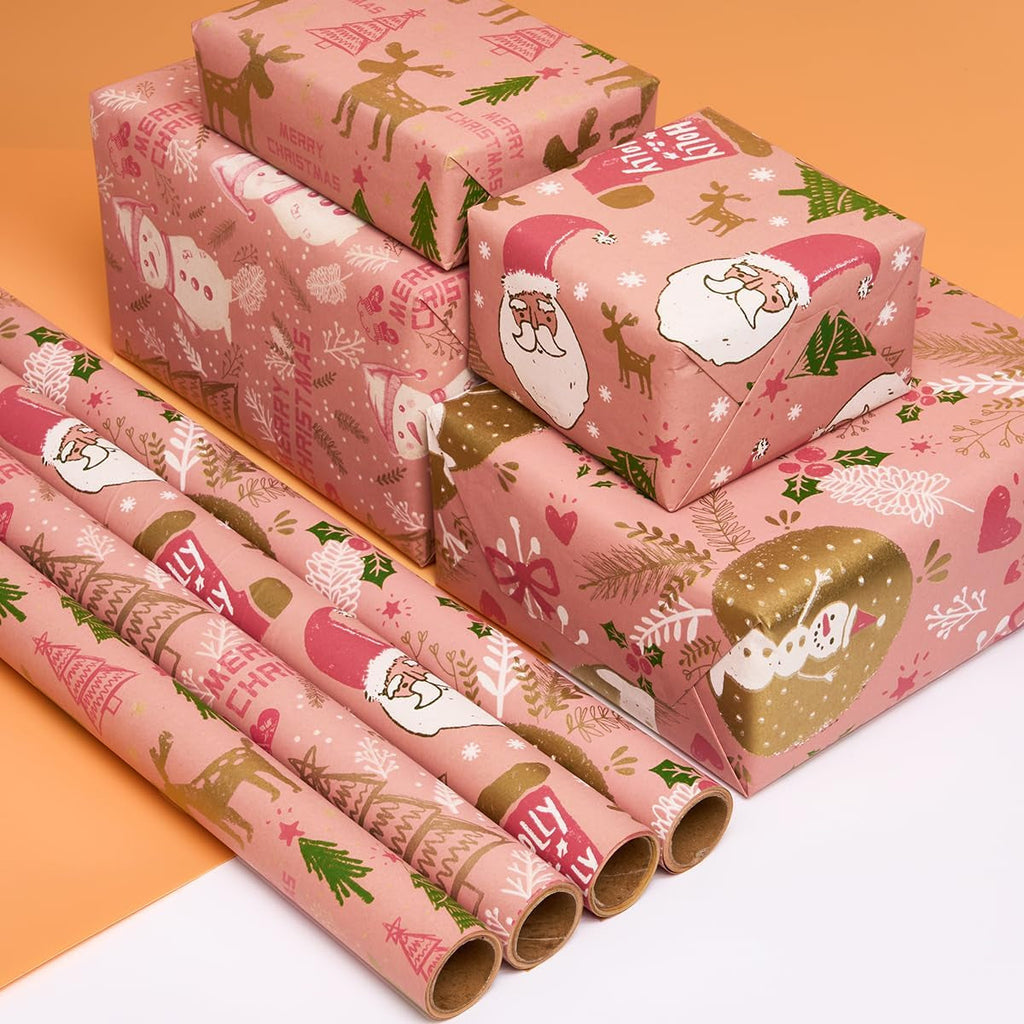 4 Rolls Pink Christmas Wrapping Paper, 43Cm*3M Recyclable Kraft Gift Wrapping Pa