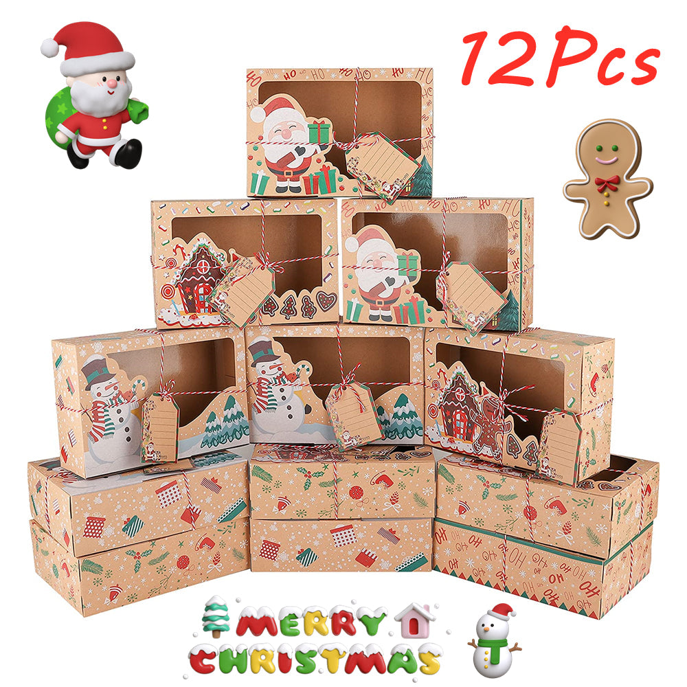 12PC Christmas Cookie Gift Box Kraft Paper Candy Gift Boxes Xmas Party Packaging