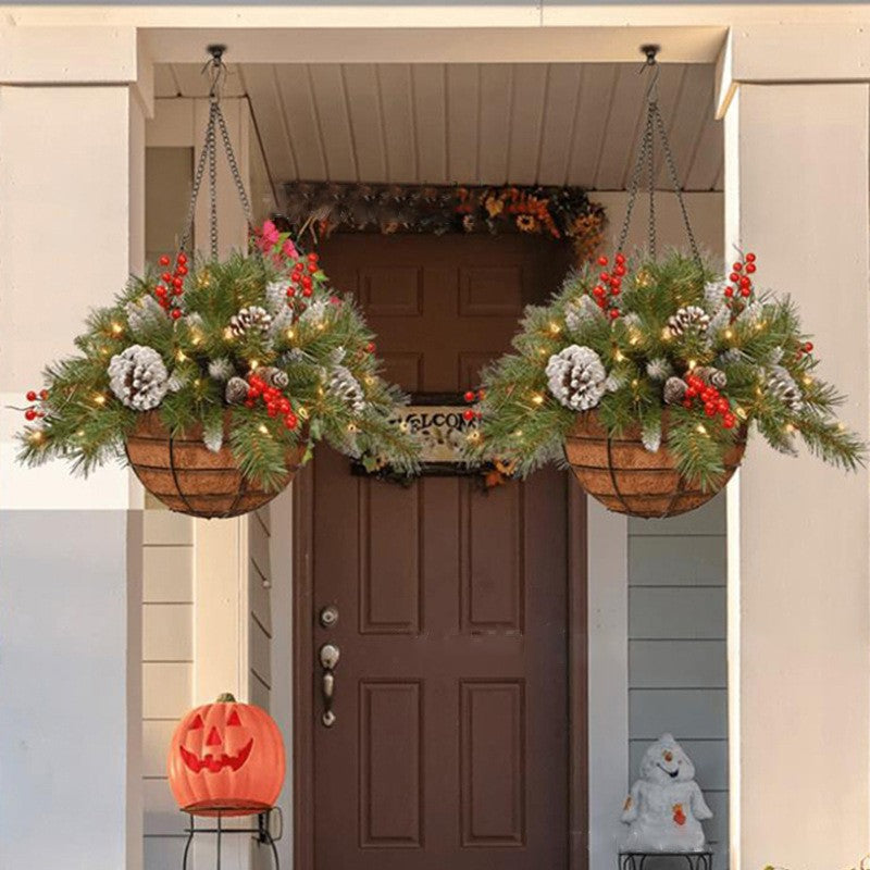 Pre-Lit Artificial Plants Hanging Basket Decorated with Berry Frosted Pine Cones