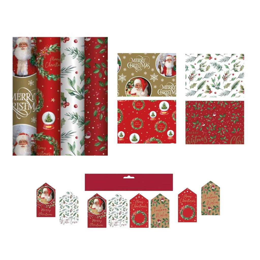 4 Rolls Traditional Christmas Wrapping Paper 7M Gift Wrap & 16 Matching Tags