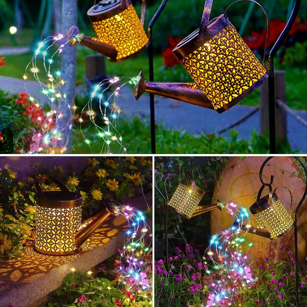 Solar Power LED String Light Watering Can Hollow Outdoor Garden Lamp Decor Xmas