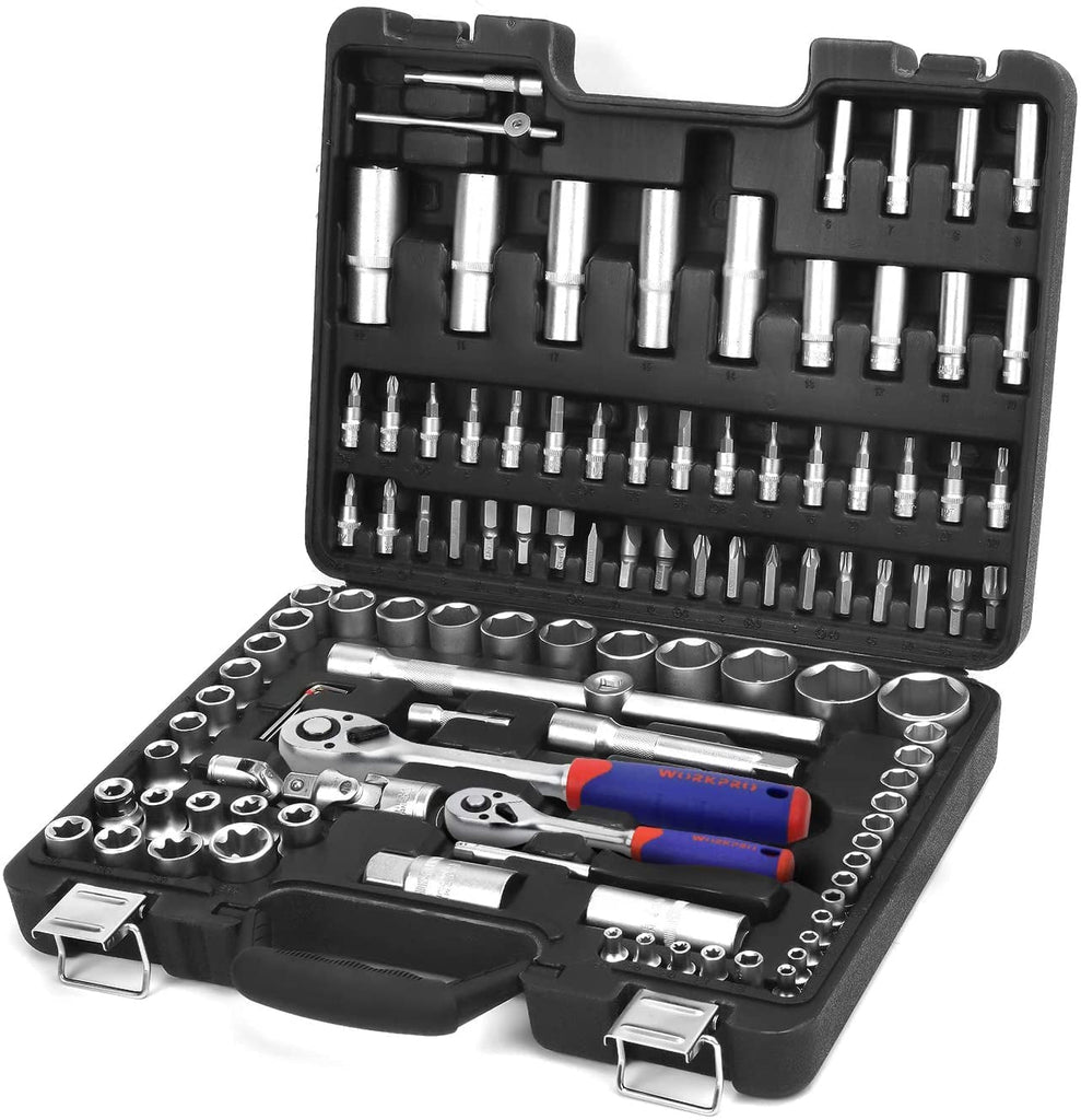 108-Piece 1/4"&1/2" Drive Socket Set with Bits, Quick Release Ratchet Wrench - CR-V Mechanic Tool Set for DIY, Car Repair