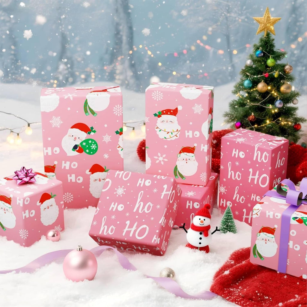 Christmas Wrapping Papers - 1 Roll 43Cm X 10M Santa Claus Gift Wrapping Paper Reversible Christmas Wraps Paper for Boys Girls HOHO Design Pink Gift Wrap for Winter Holiday Present Decoration