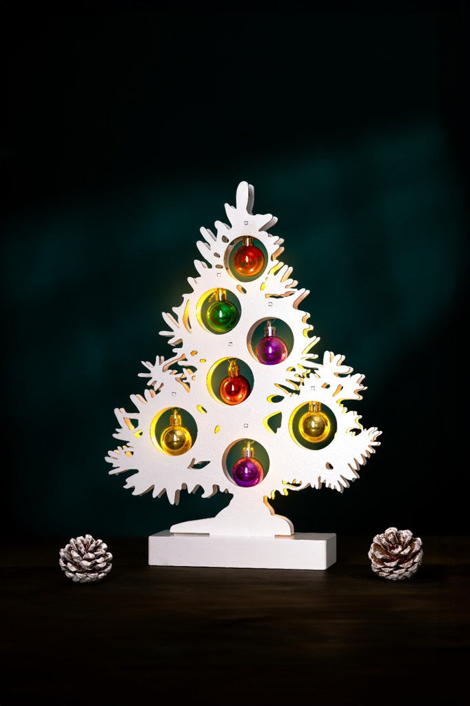 Christmas Tree Wooden Decoration with Baubles Light up Ornament White Small Xmas
