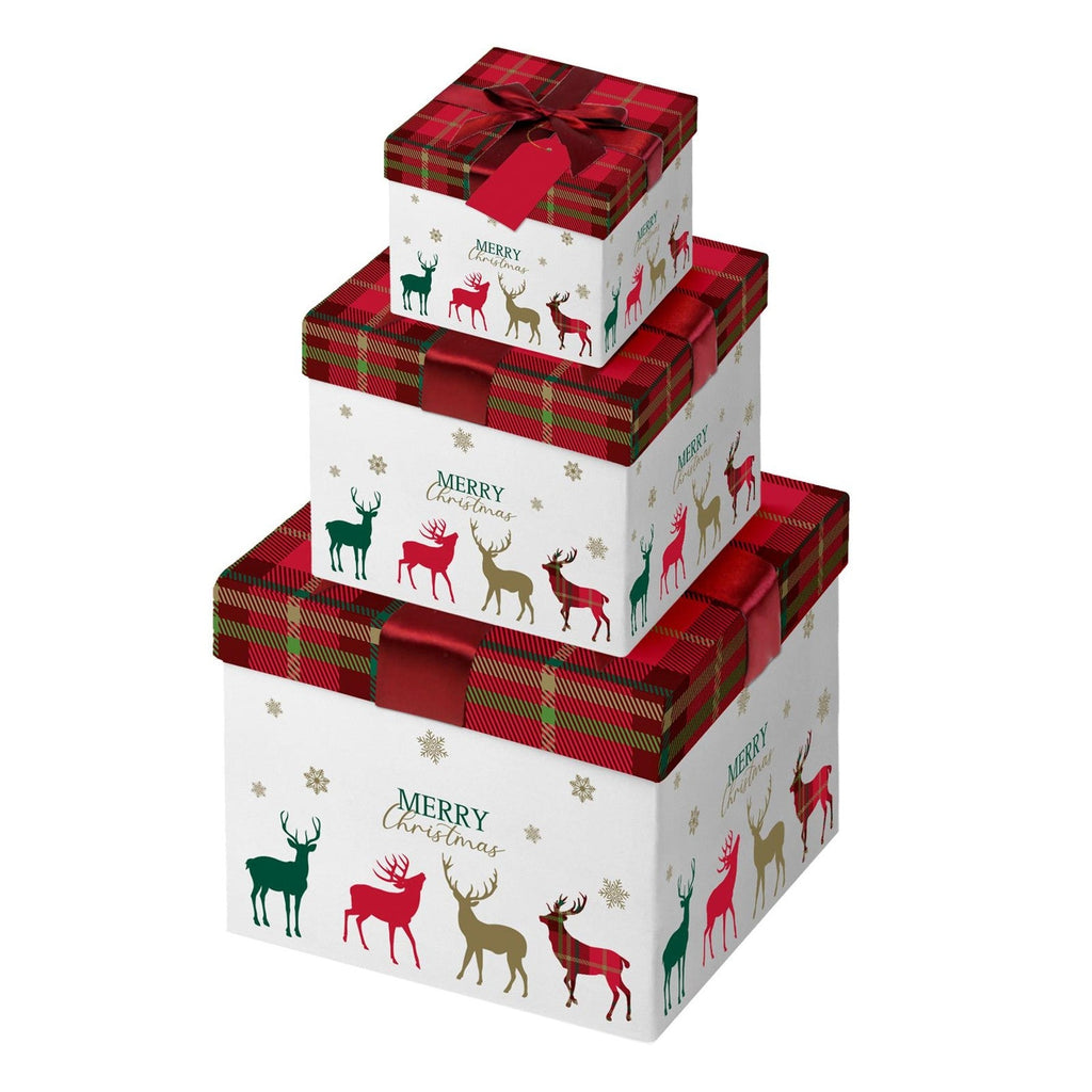 Christmas Gift Boxes 3 Pack Lift off Lids with Ribbon 12Cm 14Cm 16Cm - Reindeers