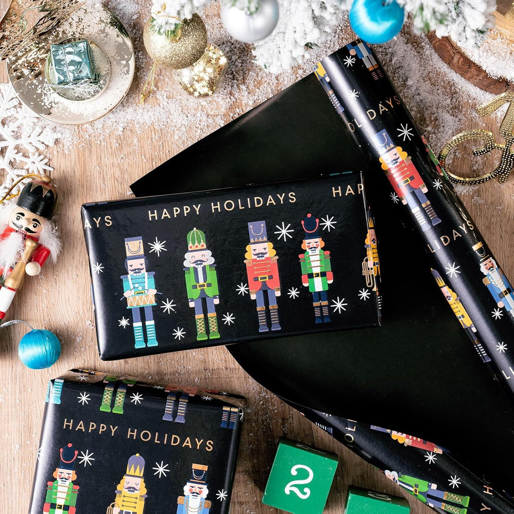 Reversible Nutcracker Christmas Wrapping Paper - Mini Roll - 43.2Cm X 10M - Foil Black Nutcracker Wrapping Paper for Christmas, Party Celebration