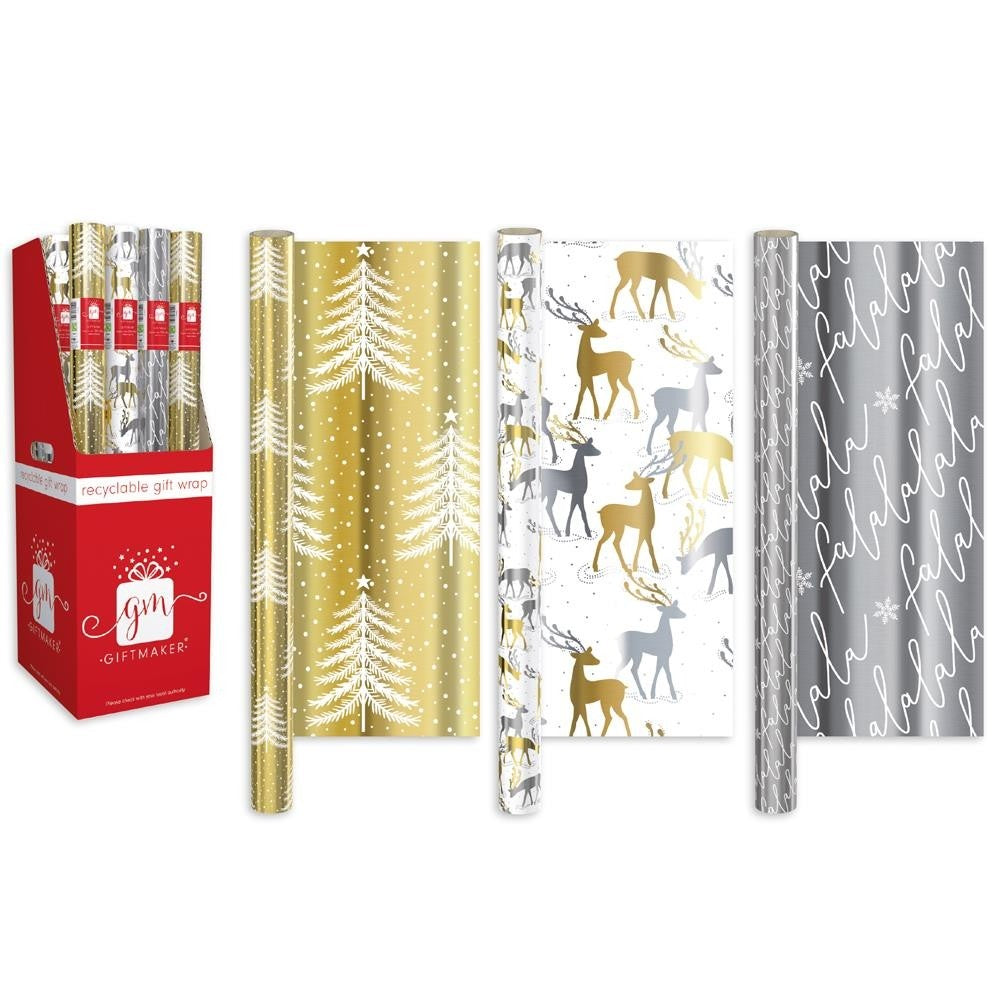 Pack of 3 1.5M Mixed Metallics Christmas Gift Wrap Rolls