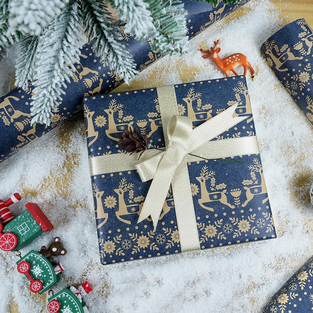 Christmas Wrapping Paper Roll, 43CM X 15M Navy Blue Vintage Xmas Wrapping Paper