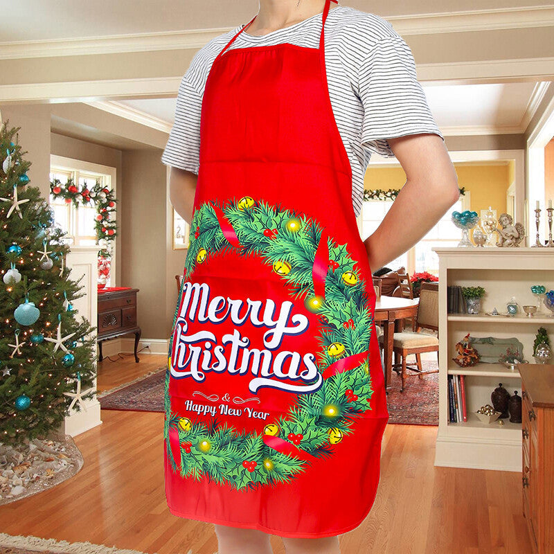 Women Men Christmas Print Apron Kitchen Restaurant Cooking Work Bib Apron Party