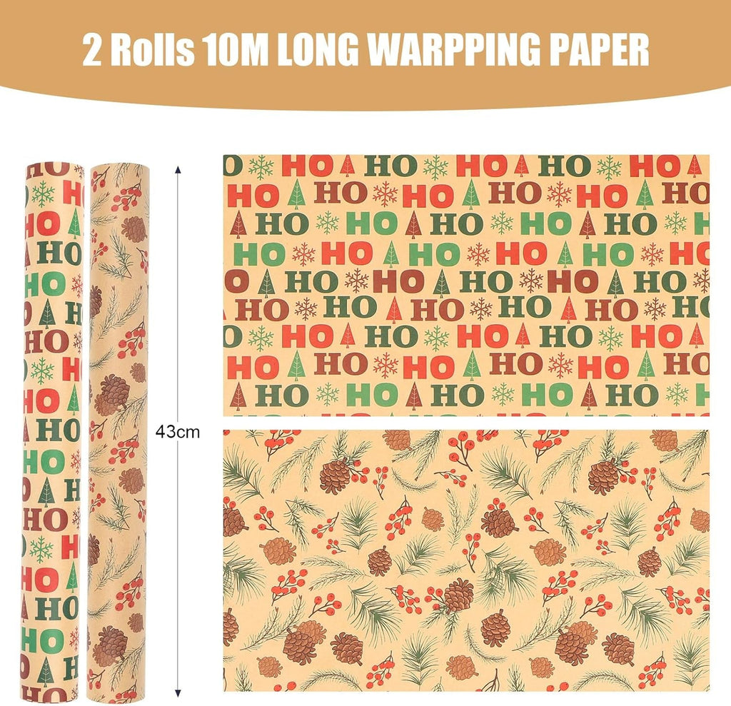 20M Christmas Wrapping Paper- 2 Roll 43Cm X 10M Kraft Gift Wrapping Paper -Durable Mini Roll -Surprises Gift Wrap Pack for Christmas New Year Party Supplies (Multi)