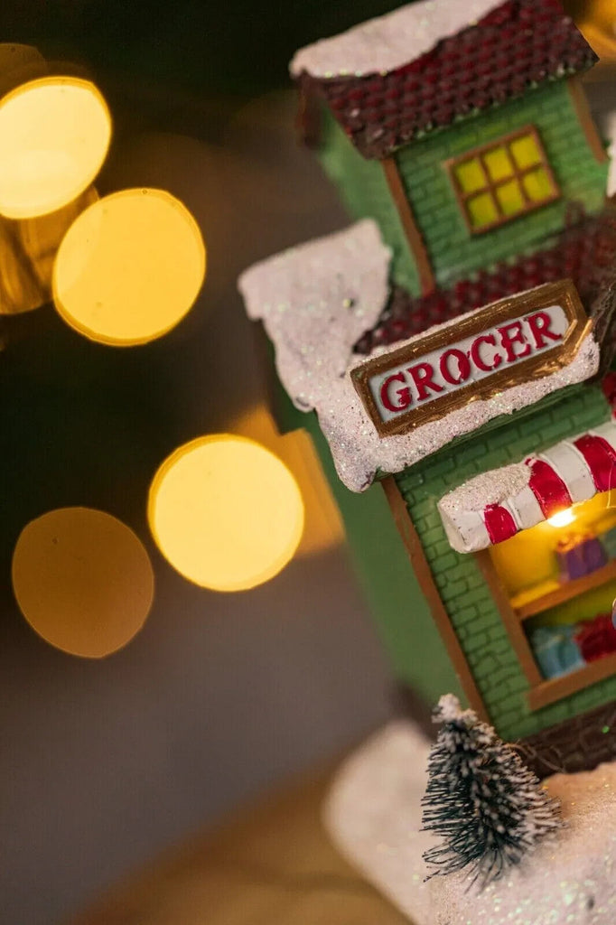 Christmas Village Scene Decoration Ornament LED Grocer Light up Xmas Home Decor