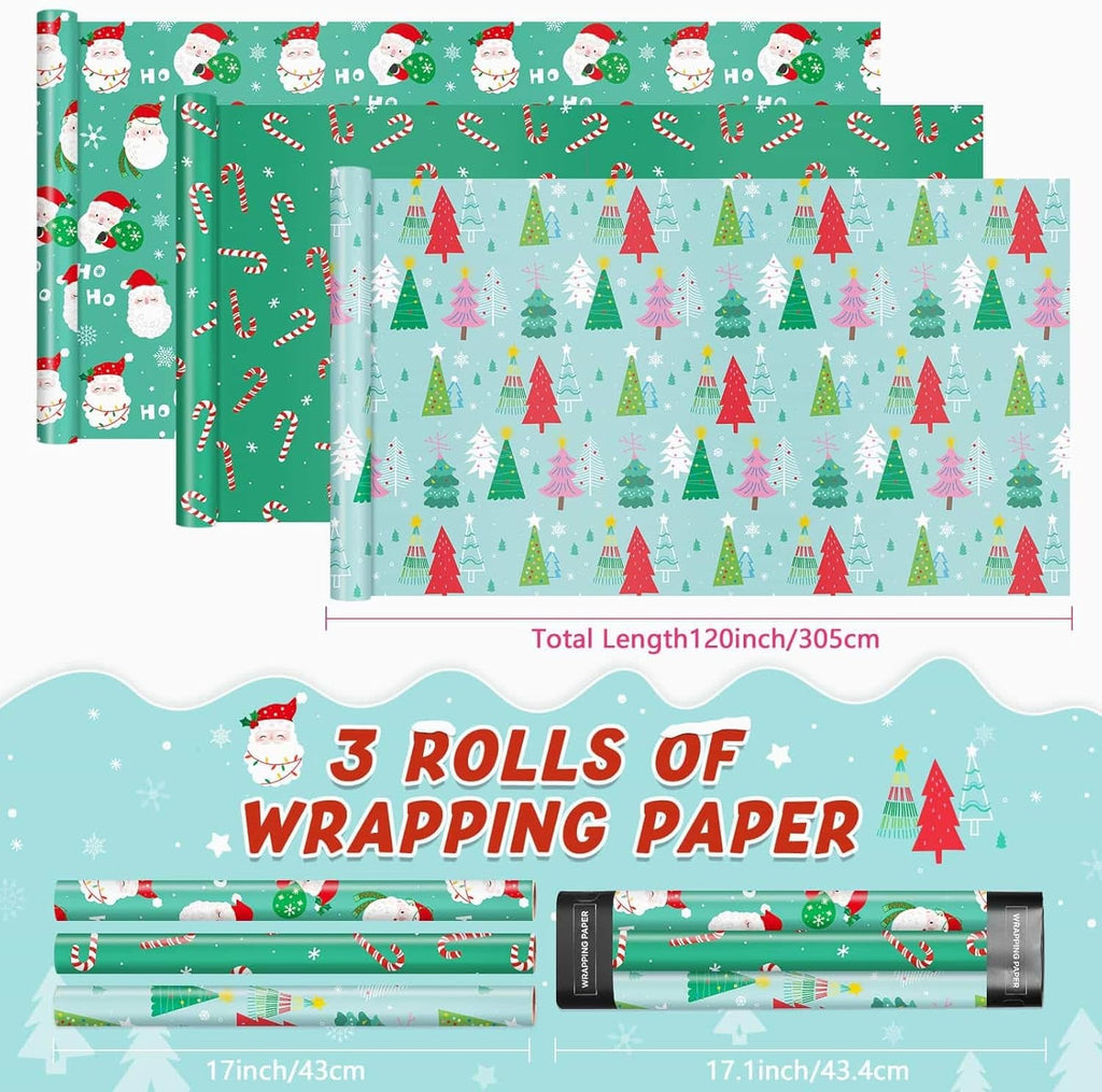Reversible Christmas Wrapping Paper - 3 Rolls 17”X 120”Santa Wrapping Paper Rolls Classic Santa Winter Tree Candy Canes Gift Wrap Papers for Girls Boys Xmas Holiday Polka Dot Stripes Design