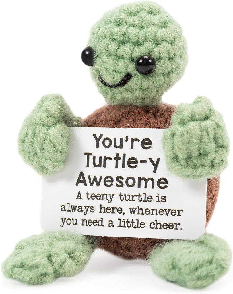 Funny Positive Turtle Gifts, Small Handmade Crochet Animals Cute Stuff, Birthday Gifts for Women, Emotional Support Presents for Women Christmas Home Desktop Decor (Green)