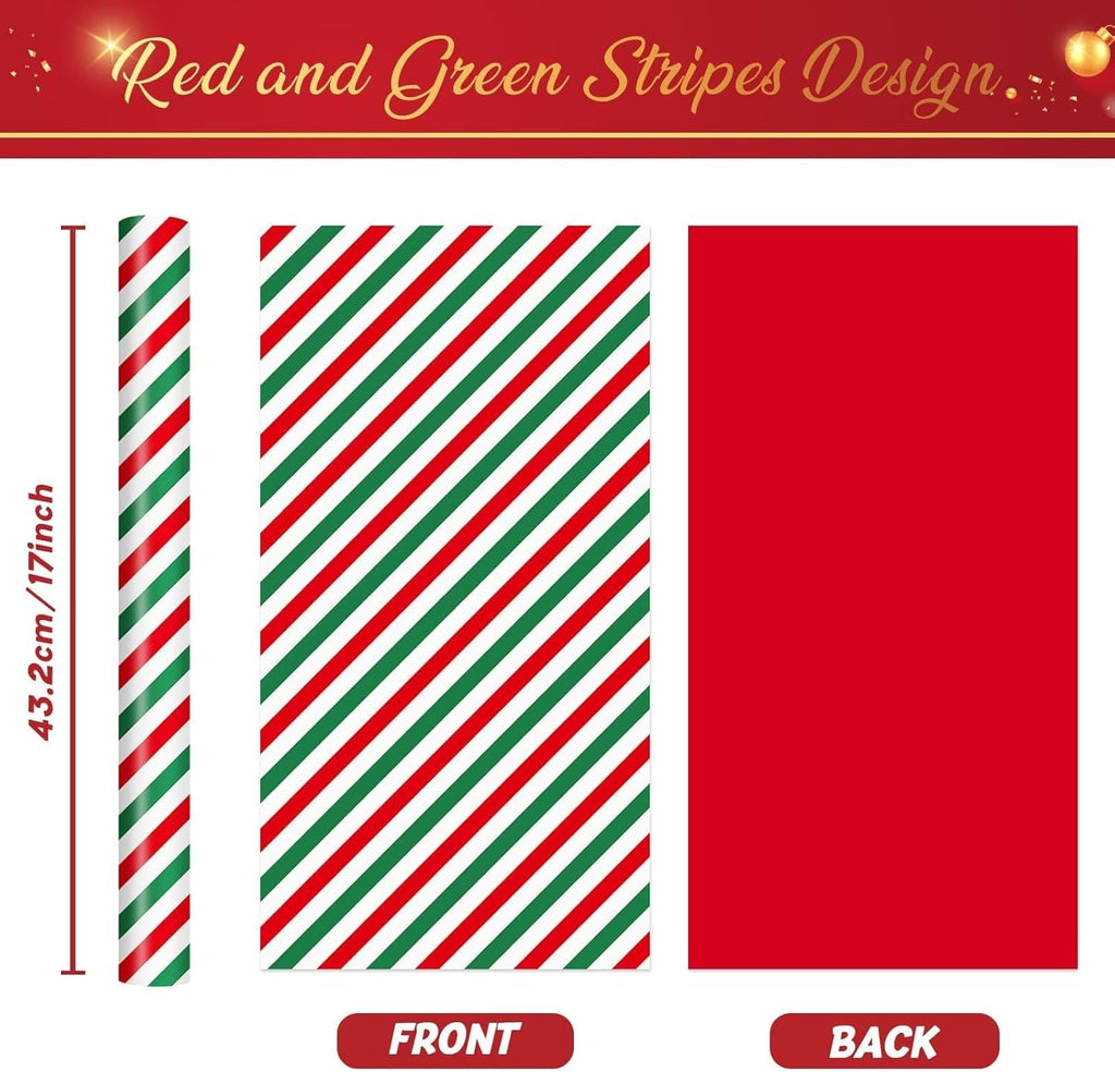 Reversible Christmas Wrapping Paper Roll - 1 Roll 43Cm X 10M Red Christmas Wrapping Paper with Green and Red Stripes Design for Kids Boys Holiday Birthday Gift Packing Decorations