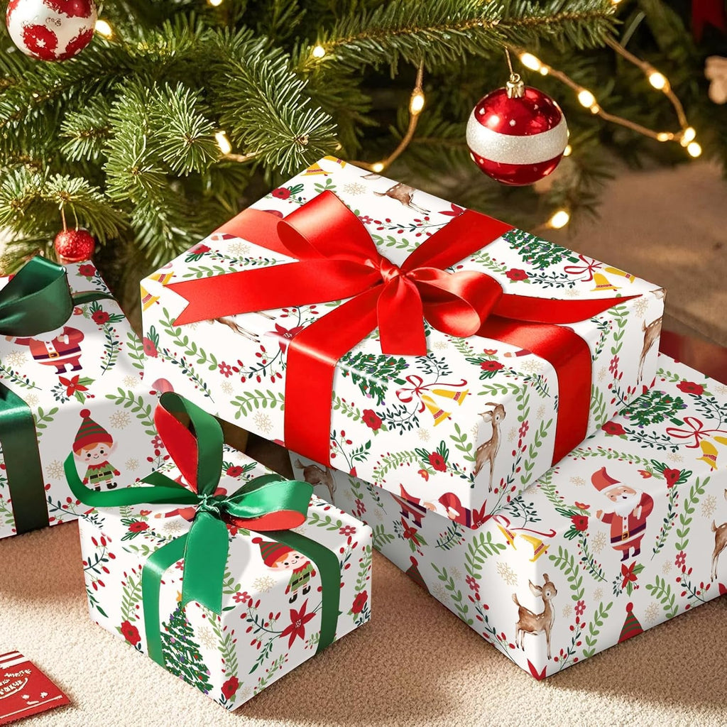 Christmas Wrapping Paper Roll for Boys Girls, Mini Roll, Santa Claus, Reindeer, Reindeer and Wreath Design, Classic Gift Wrap Paper for Party, 43.2Cm X 5M