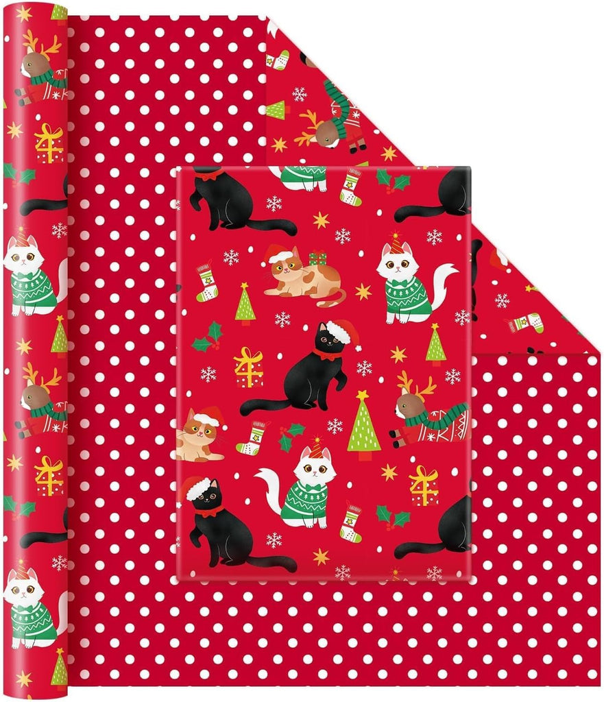 Christmas Cat Wrapping Paper - 1 Roll, 17” X 33 Ft, Red, Reversible Kitty Wrap Paper for Kids & Adults, Xmas Gift & Holiday Favor