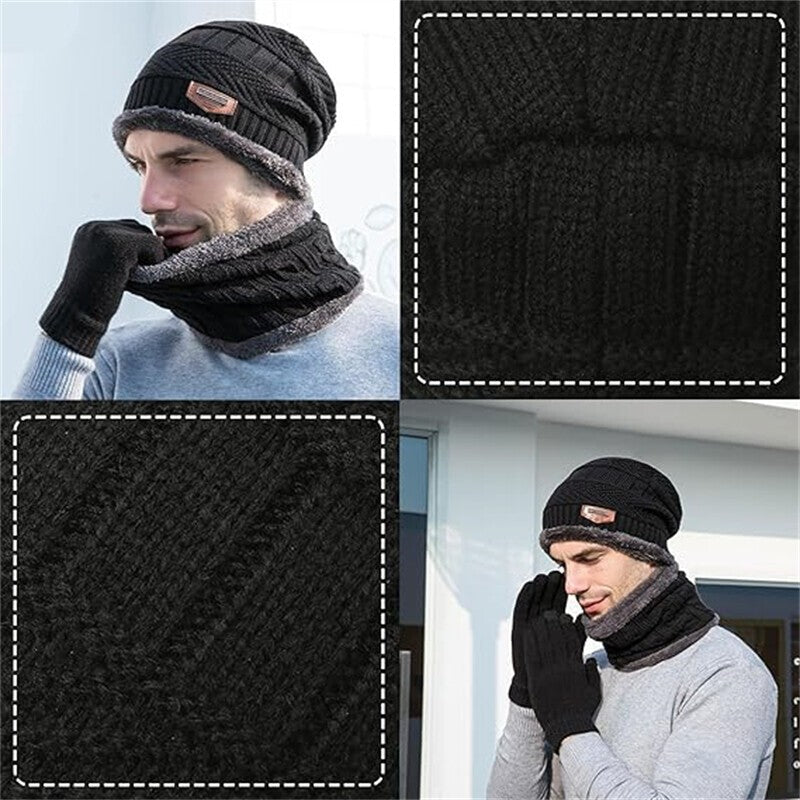 3PCS Hat Scarf Gloves Set Fleece Warm Knit Neck Warmer Wool Thermal Cap Outdoor