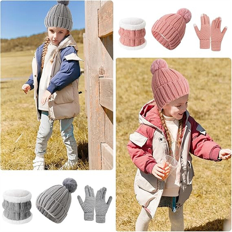 Womens Girls Thick Knit Hat Scarf and Touchscreen Gloves Set Knitted Winter Gift