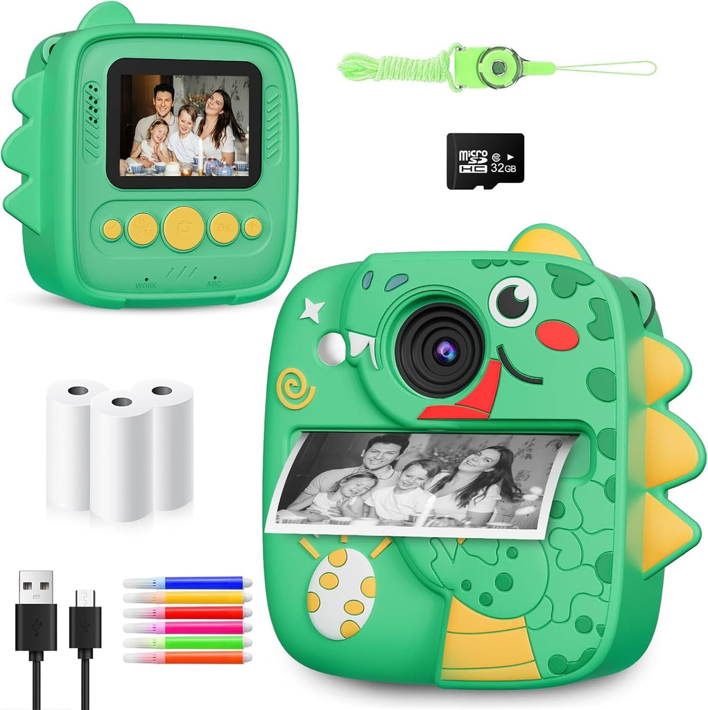 Instant Print Camera for Kids, Christmas Birthday Gifts Toys for 3 4 5 6 7 8 9 Year Old Boys Girls, 1080P Kids Digital Cameras Dinosaur Boys Toys Age 3-9 (Green)