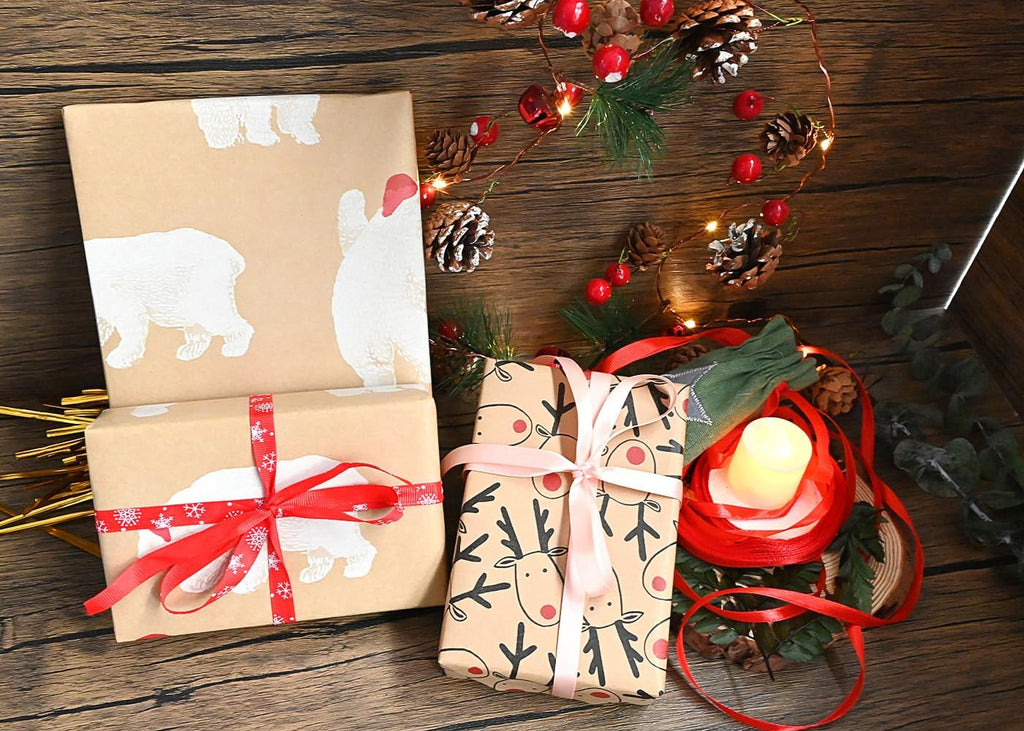 43Cm *15M Christmas Wrapping Paper Roll, Recyclable Brown Gift Wrapping Paper with Elk for Xmas Party Gifts, Birthday,Graduation,Eco-Friendly Present Decorations-Elk Head