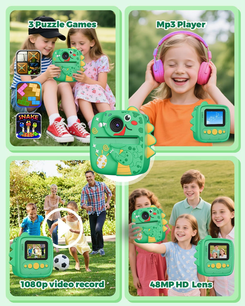 Instant Print Camera for Kids, Christmas Birthday Gifts Toys for 3 4 5 6 7 8 9 Year Old Boys Girls, 1080P Kids Digital Cameras Dinosaur Boys Toys Age 3-9 (Green)